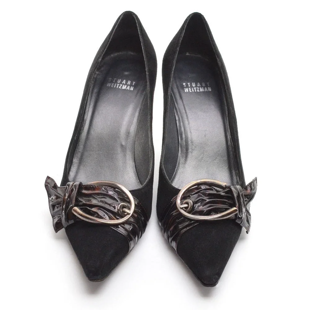 Stuart Weitzman Large Buckle Black Suede Pumps 8 M